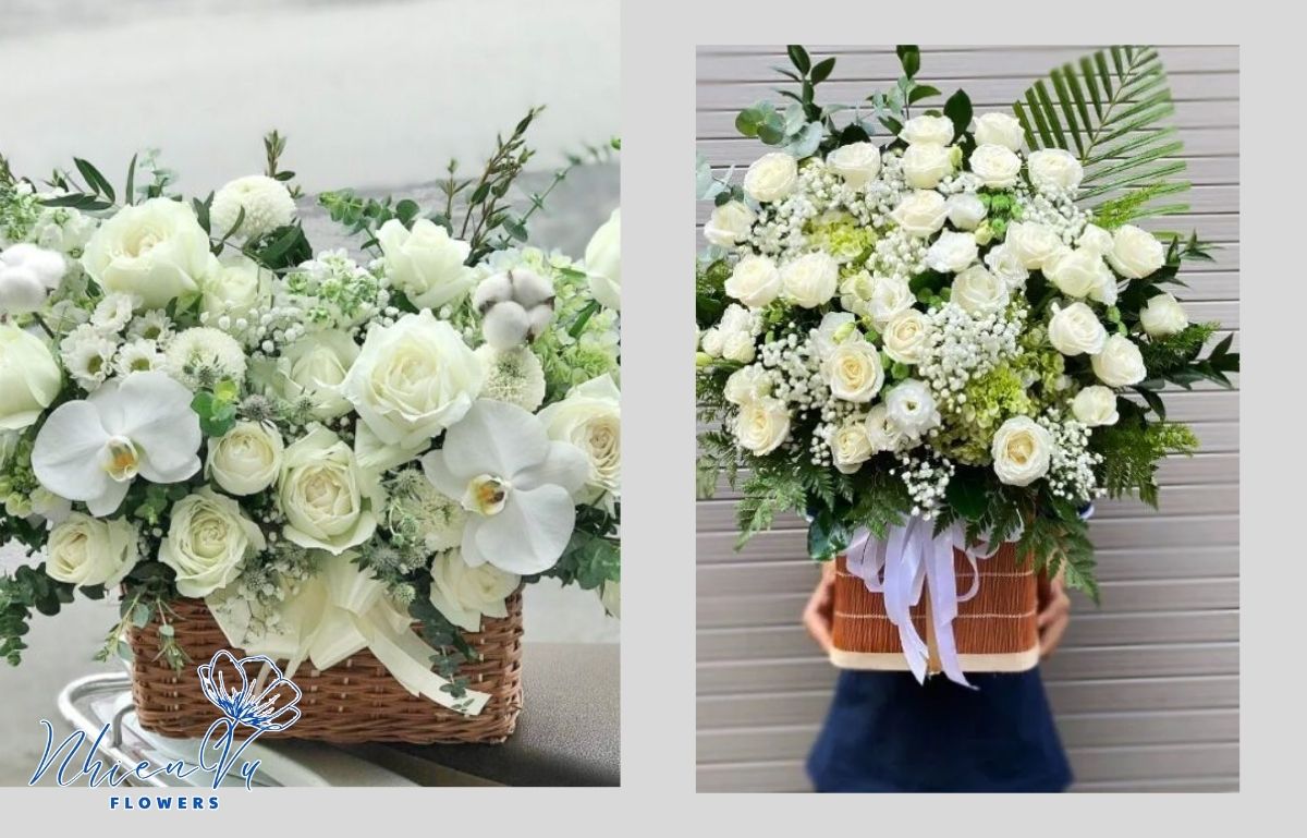 Giỏ hoa hồng trắng đẹp, dễ nhìn