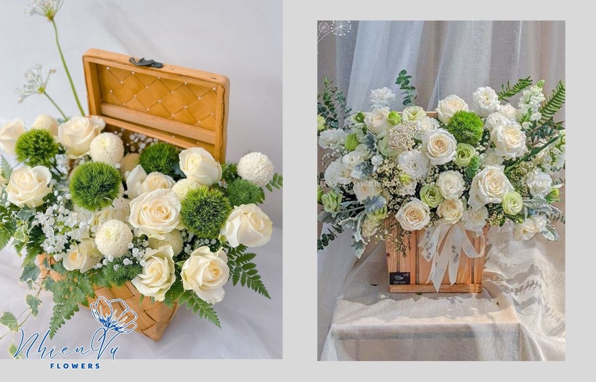 Lẵng hoa hồng trắng được lựa chọn nhiều